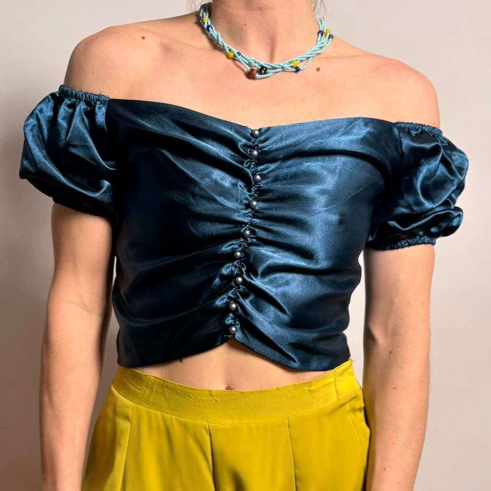Vintage Handmade Ruching Top - Blue Silky Fabric